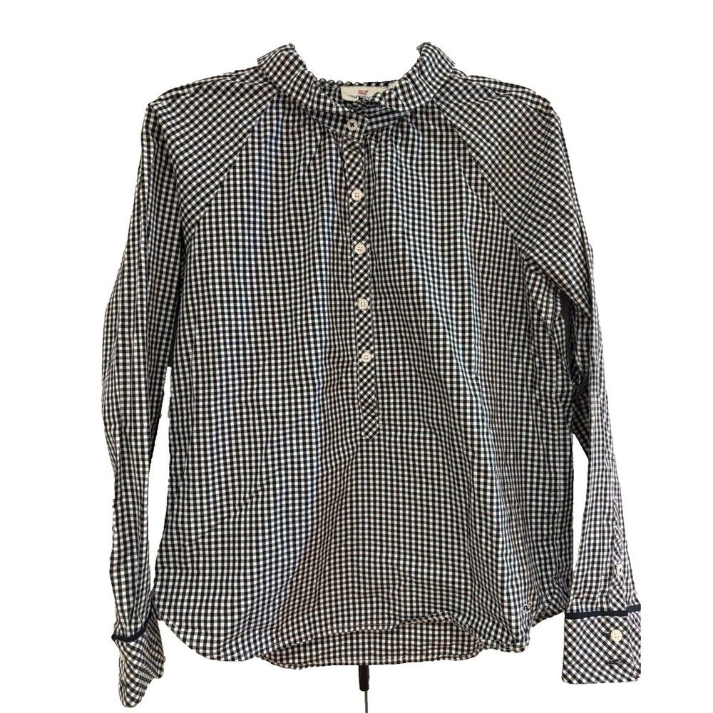 VINEYARD VINES Shirt Women's Size 8 Black Gingham Plaid Ruffle Button Down EUC
